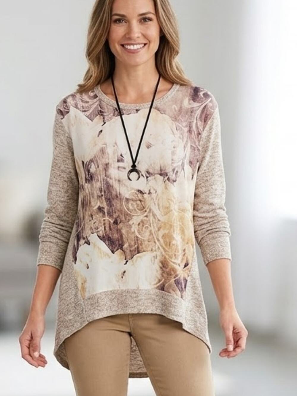 DRESS BARN Oatmeal Floral High Low Pullover Top Size M